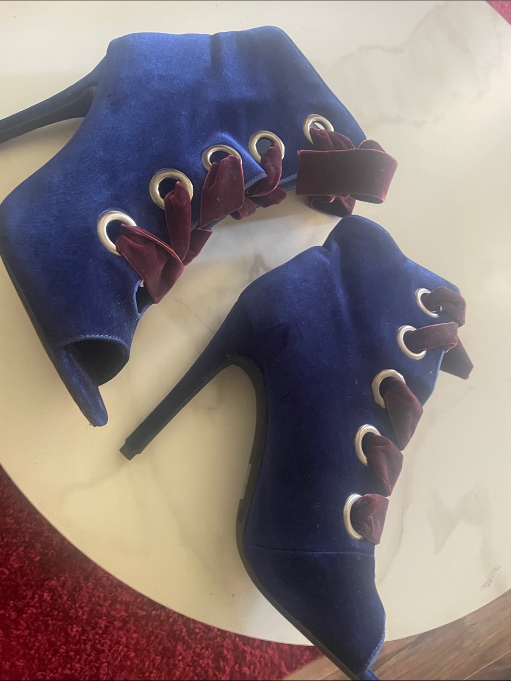 Wild Diva Royal Blue Velvet Lace-Up Stiletto Booties with Burgundy Ribbon